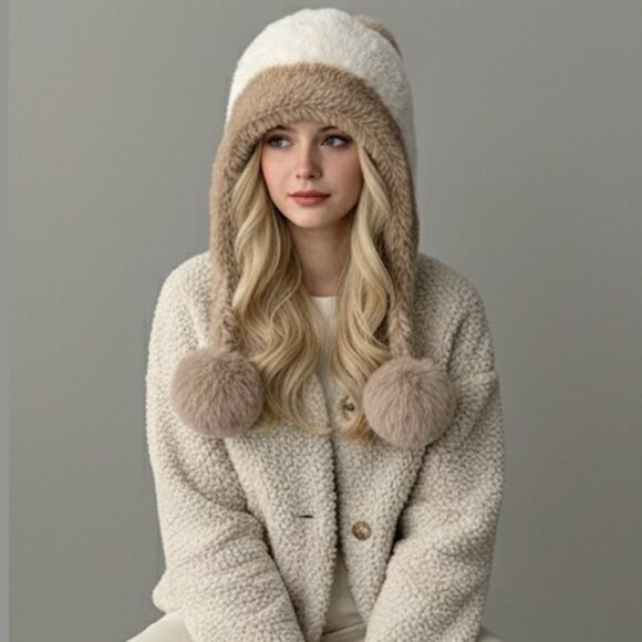 Fur Ball Beanie Winter Hat White/Brown - Picture 3 of 4